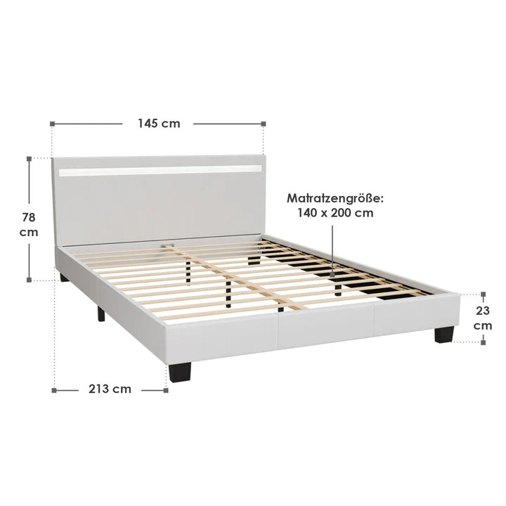 Lit tapissé LED Paris 140 x 200 cm sommier à lattes blanc