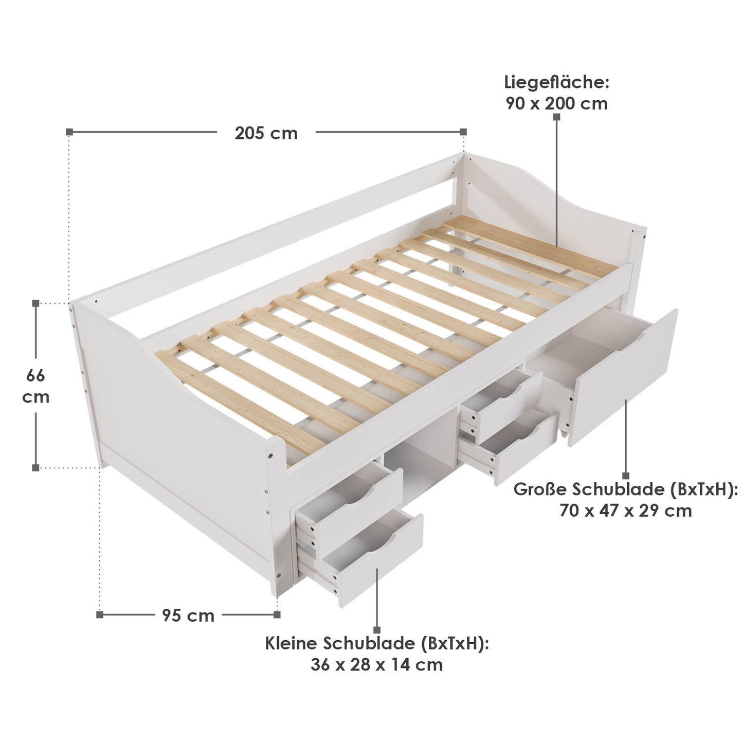 Funktionsbett Nalu 90x200 cm mit Lattenrost & Stauraum - Weiss