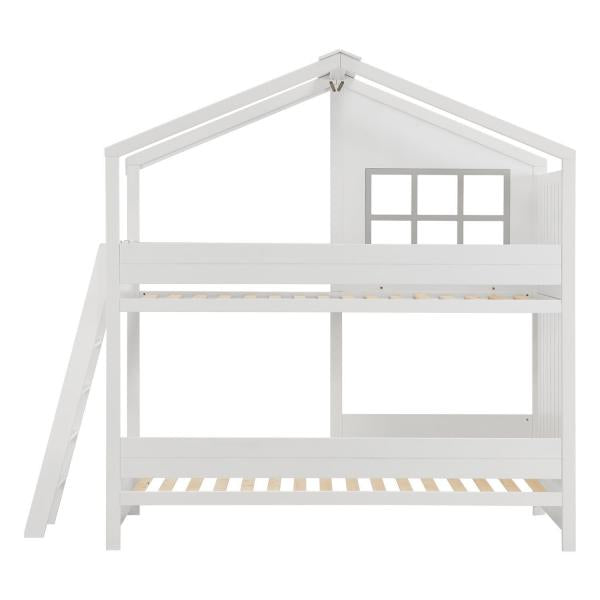 Lit mezzanine enfant maison de rêve 90 x 200 cm Lit enfant moderne avec toit, 2 lits et échelle