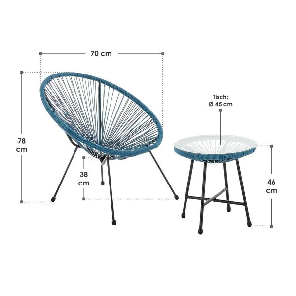 Set di mobili da balcone Ostana, gruppo di sedute blu da 3 pezzi in design retrò con tavolo e 2 poltrone