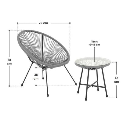 Balkonmöbel Set Ostana 3-teilig Grau Sitzgruppe im Retro-Design mit Tisch & 2 Sesseln