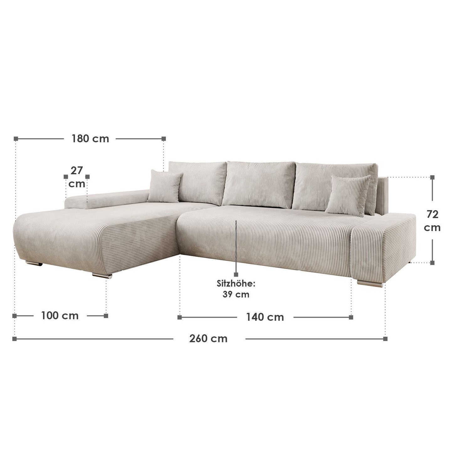 Sofa Iseo in L-Form mit Schlaffunktion Beige