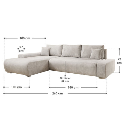 Sofa Iseo in L-Form mit Schlaffunktion Beige