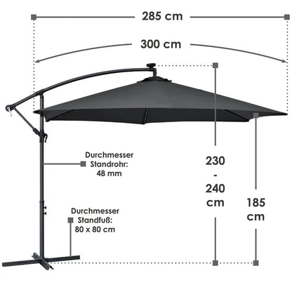 Ombrellone a braccio Brasile Ø 3,0m con LED, manovella e base in grigio scuro