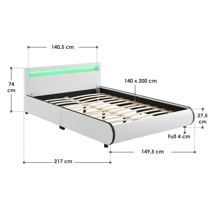 Lit rembourré LED Sevilla 140 x 200 cm sommier à lattes blanc