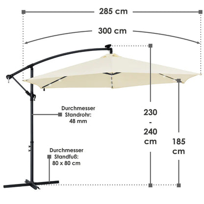Ampelschirm Brazil Ø 3,0m mit LED, Kurbel und Standfuß in dunkelgrau und creme