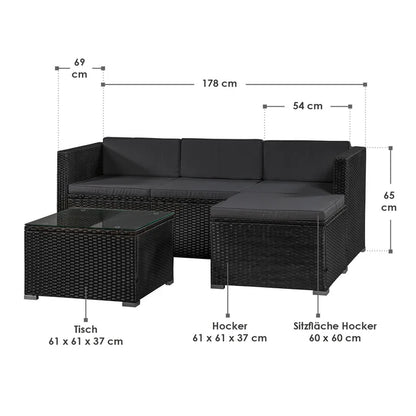 Salon en polyrotin Punta Cana M salon noir composé de 1 table, 1 canapé et 1 tabouret