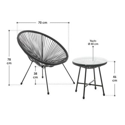 Balkonmöbel Set Ostana 3-teilig Schwarz Sitzgruppe im Retro-Design mit Tisch & 2 Sesseln