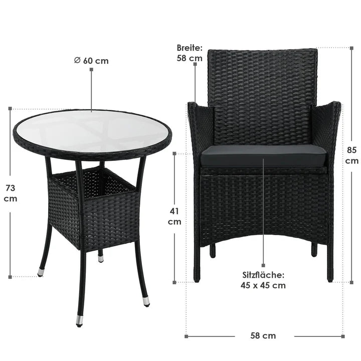 3-tlg Polyrattan Sitzgarnitur Balkon Set Bayamo schwarz / grau