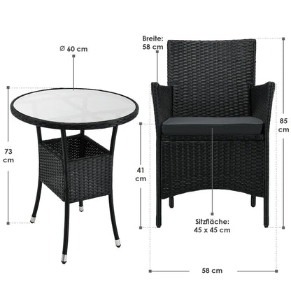 3-tlg Polyrattan Sitzgarnitur Balkon Set Bayamo schwarz / grau