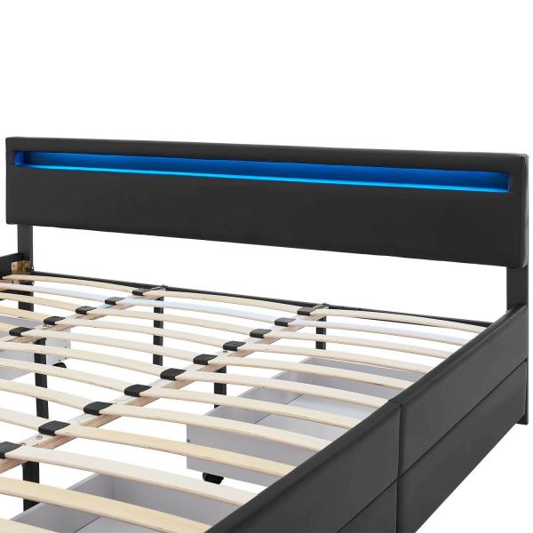 Polsterbett Lyon mit Bettkasten 180 x 200 cm LED-Beleuchtung und Lattenrost schwarz