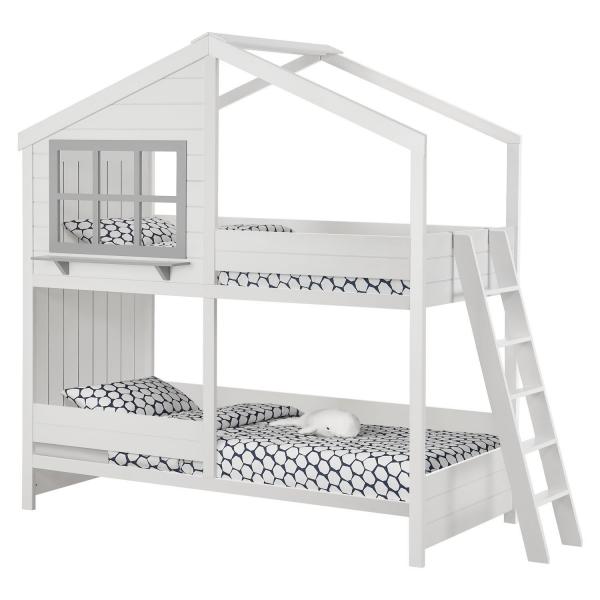 Lit mezzanine enfant maison de rêve 90 x 200 cm Lit enfant moderne avec toit, 2 lits et échelle