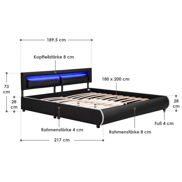 LED Polsterbett Murcia 180 x 200 cm Lattenrost schwarz