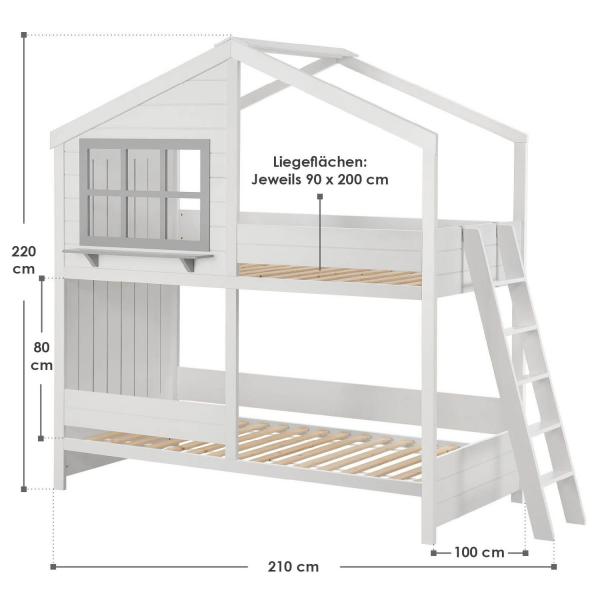 Lit mezzanine enfant maison de rêve 90 x 200 cm Lit enfant moderne avec toit, 2 lits et échelle