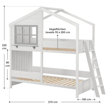 Lit mezzanine enfant maison de rêve 90 x 200 cm Lit enfant moderne avec toit, 2 lits et échelle