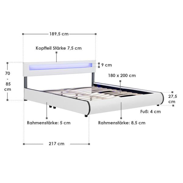 Polsterbett Sevilla 180 x 200 cm LED-Beleuchtung und Lattenrost weiss