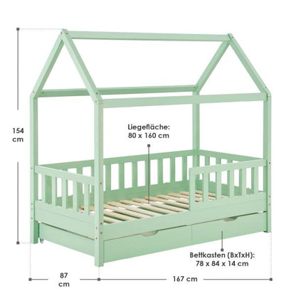 Kinderbett Marli 80 x 160 cm mit Bettkasten und Lattenrost Mint