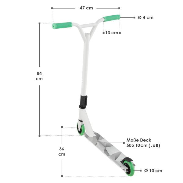 Monopattino Stunt Scooter Futuristico Bianco Verde Monopattino Stunt con Sterzo a 360°