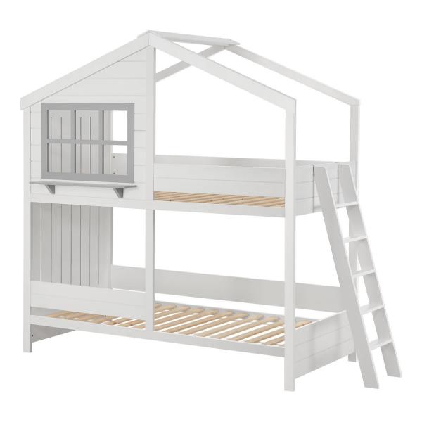 Lit mezzanine enfant maison de rêve 90 x 200 cm Lit enfant moderne avec toit, 2 lits et échelle