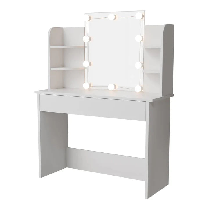 Coiffeuse Bella avec éclairage LED, miroir, tiroir et compartiments | blanc