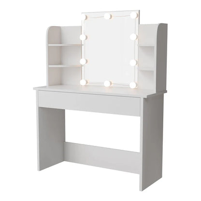 Coiffeuse Bella avec éclairage LED, miroir, tiroir et compartiments | blanc