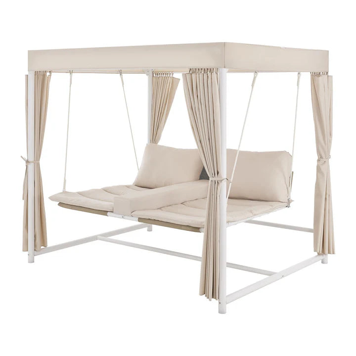 Schaukelliege Kassandra in Weiss Beige Sonnendach und Vorhängen