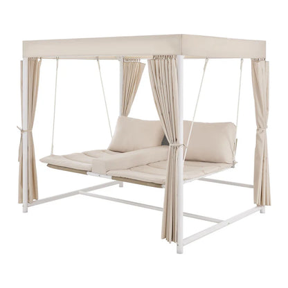 Schaukelliege Kassandra in Weiss Beige Sonnendach und Vorhängen