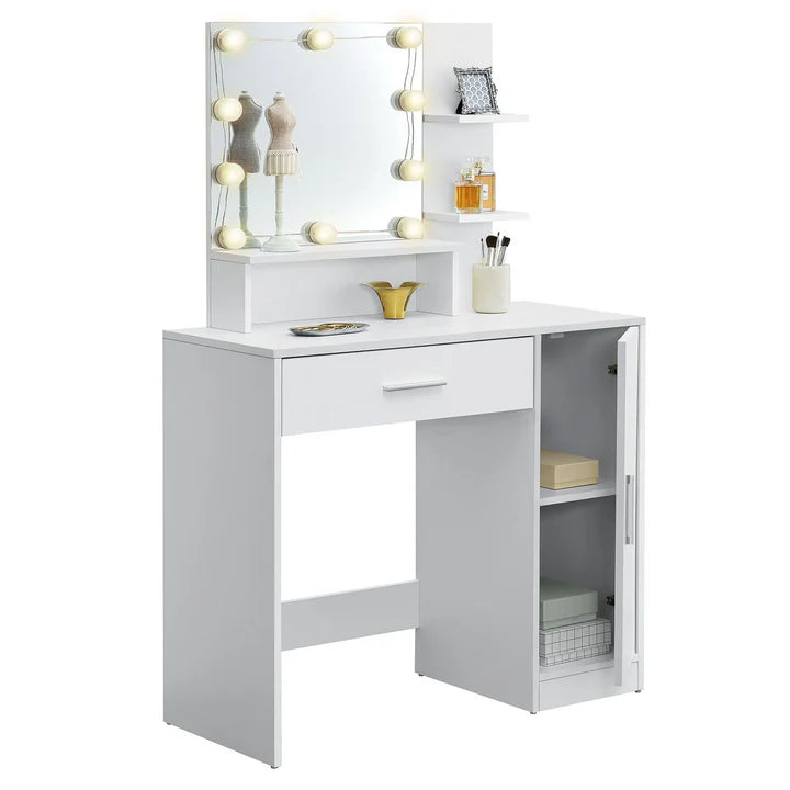 Coiffeuse blanche Zoey avec miroir, tiroir et placard