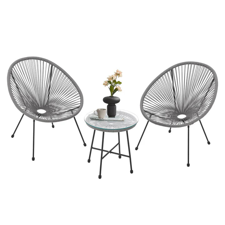 Set di mobili da balcone Ostana, gruppo di sedute grigio da 3 pezzi in design retrò con tavolo e 2 poltrone