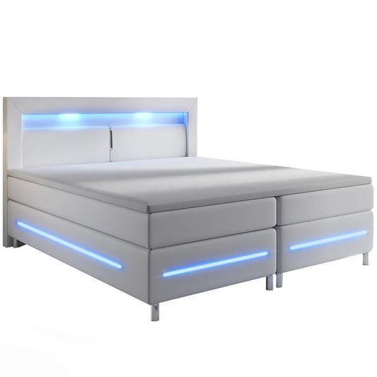 Boxspringbett Norfolk 180x200 cm weiss - LED-Streifen und Federkernmatratze