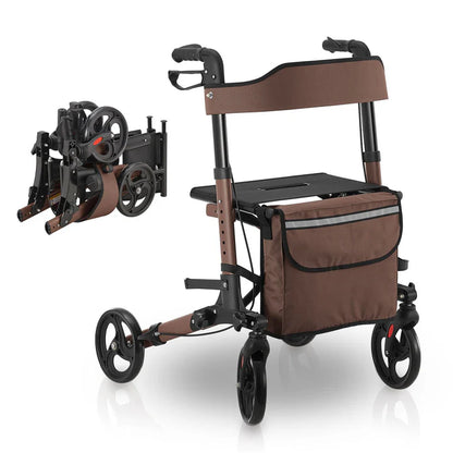 Rollator in alluminio Vital pieghevole con seduta e borsa per la spesa in marrone
