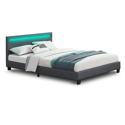 Lit tapissé LED Paris 140 x 200 cm sommier à lattes gris