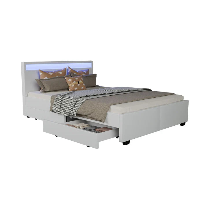 Lit capitonné LED Lyon avec coffre de lit 140 x 200 cm - blanc