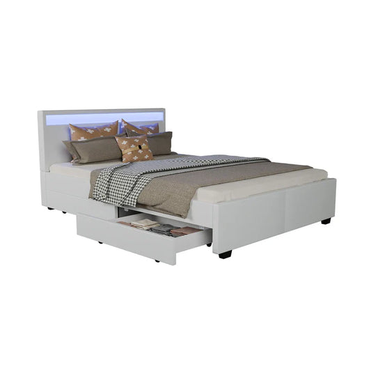 LED Polsterbett Lyon mit Bettkasten 140 x 200 cm - weiss