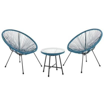 Set di mobili da balcone Ostana, gruppo di sedute blu da 3 pezzi in design retrò con tavolo e 2 poltrone