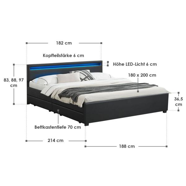 Polsterbett Lyon mit Bettkasten 180 x 200 cm LED-Beleuchtung und Lattenrost schwarz