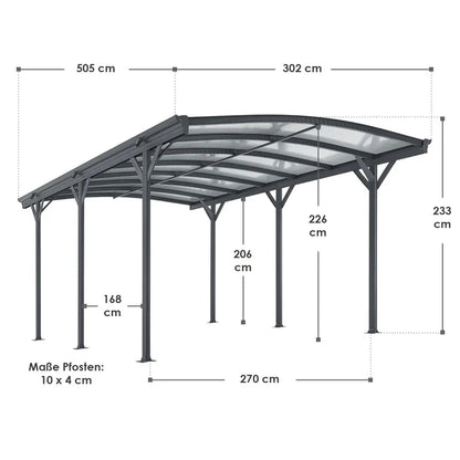Abri de voiture avec toit voûté, place de parking 5 x 3 m en gris foncé