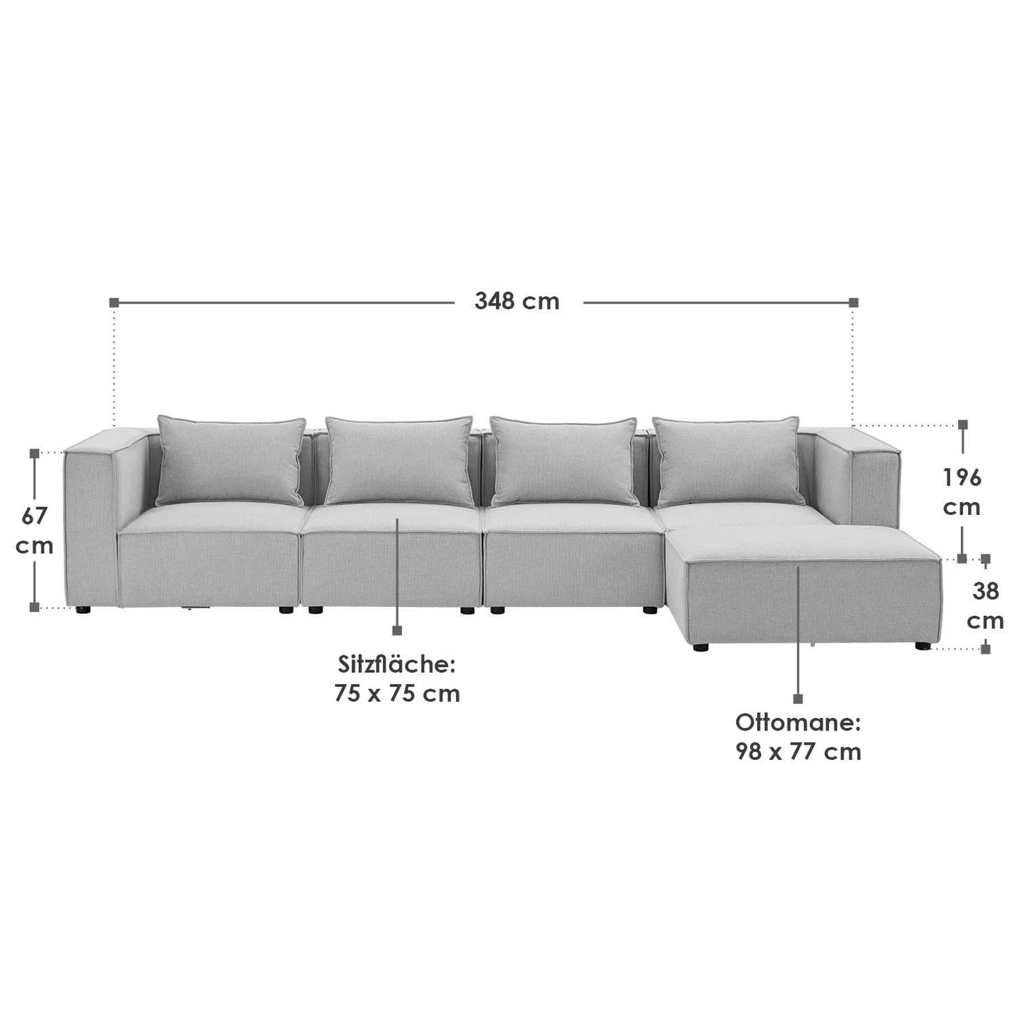 Modulares Sofa Domas XL - 4 Sitzer & Kissen - Stoff Hellgrau