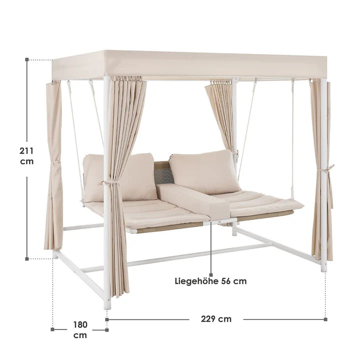 Schaukelliege Kassandra in Weiss Beige Sonnendach und Vorhängen