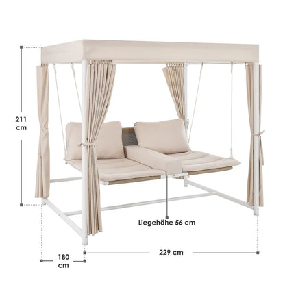 Schaukelliege Kassandra in Weiss Beige Sonnendach und Vorhängen