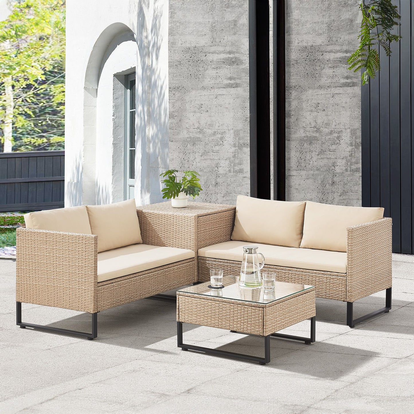 Modulare Polyrattan Lounge Santorini Creme Sitzecke Auflagenbox