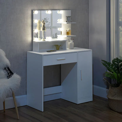 Coiffeuse blanche Zoey avec miroir, tiroir et placard