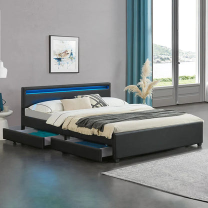 Lit capitonné Lyon avec caisson de lit 180 x 200 cm éclairage LED et sommier à lattes noir