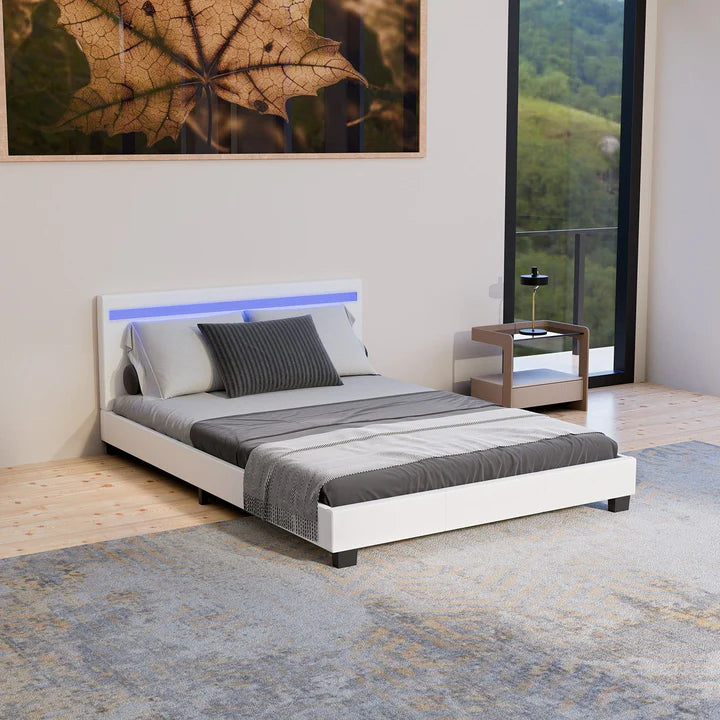 Lit tapissé LED Paris 140 x 200 cm sommier à lattes blanc
