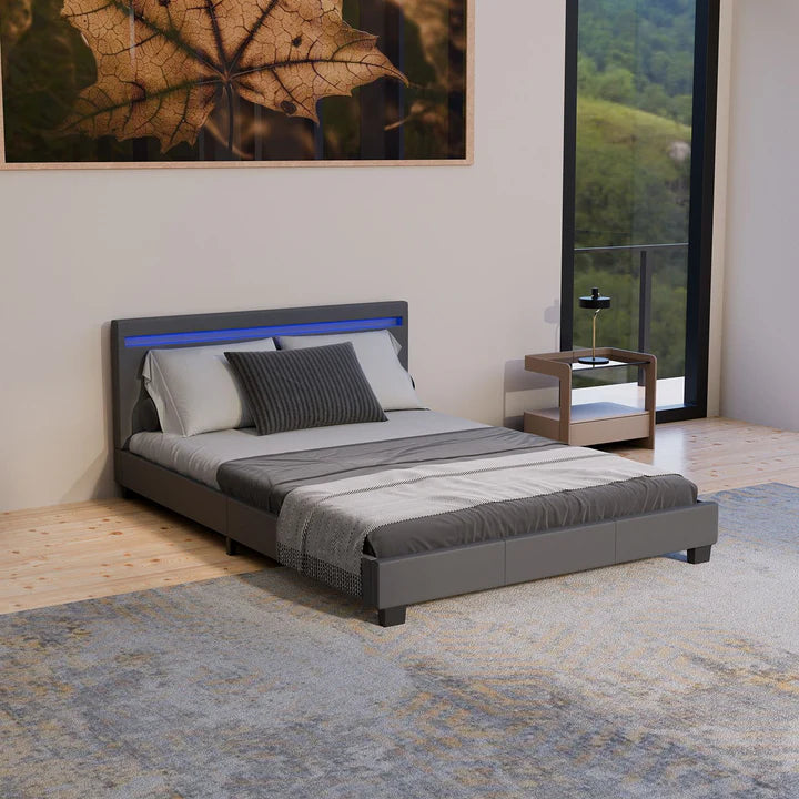 Lit tapissé LED Paris 140 x 200 cm sommier à lattes gris