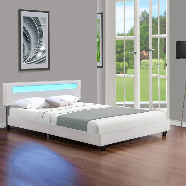 Lit tapissé LED Paris 180 x 200 cm sommier à lattes blanc