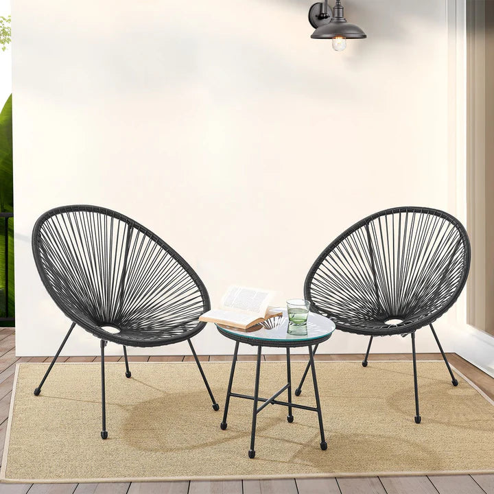 Ensemble de meubles de balcon Ostana 3 pièces ensemble de sièges noirs au design rétro avec table et 2 fauteuils