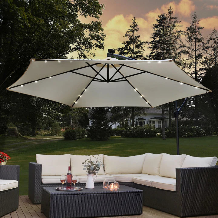 Ampelschirm Brazil Ø 3,5m mit LED, Kurbel und Standfuß in dunkelgrau und creme