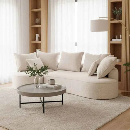 Sofa Tirano mit Ottomane & Dekokissen aus Boucléstoff Creme Links