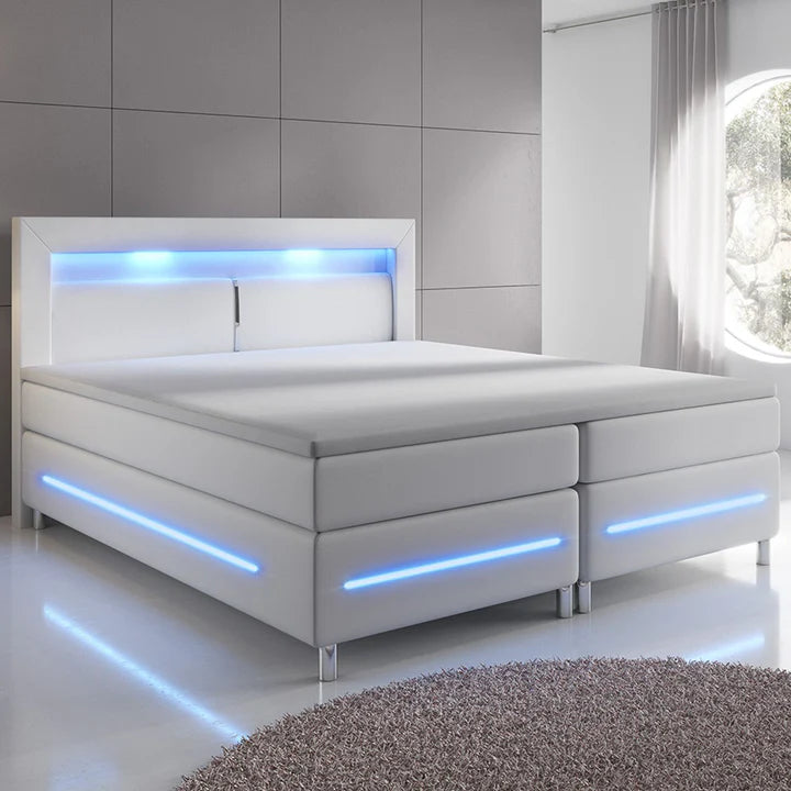 Letto box spring Norfolk 180x200 cm bianco - striscia LED e materasso a molle